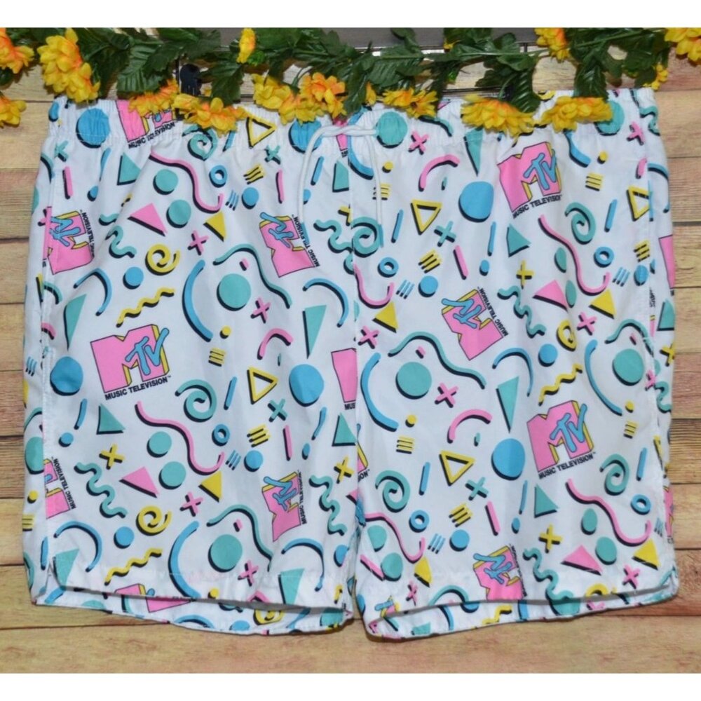 MTV Men's White Swimming Trunks Shorts XXL Retro 80's Tie Up Elastic Waist